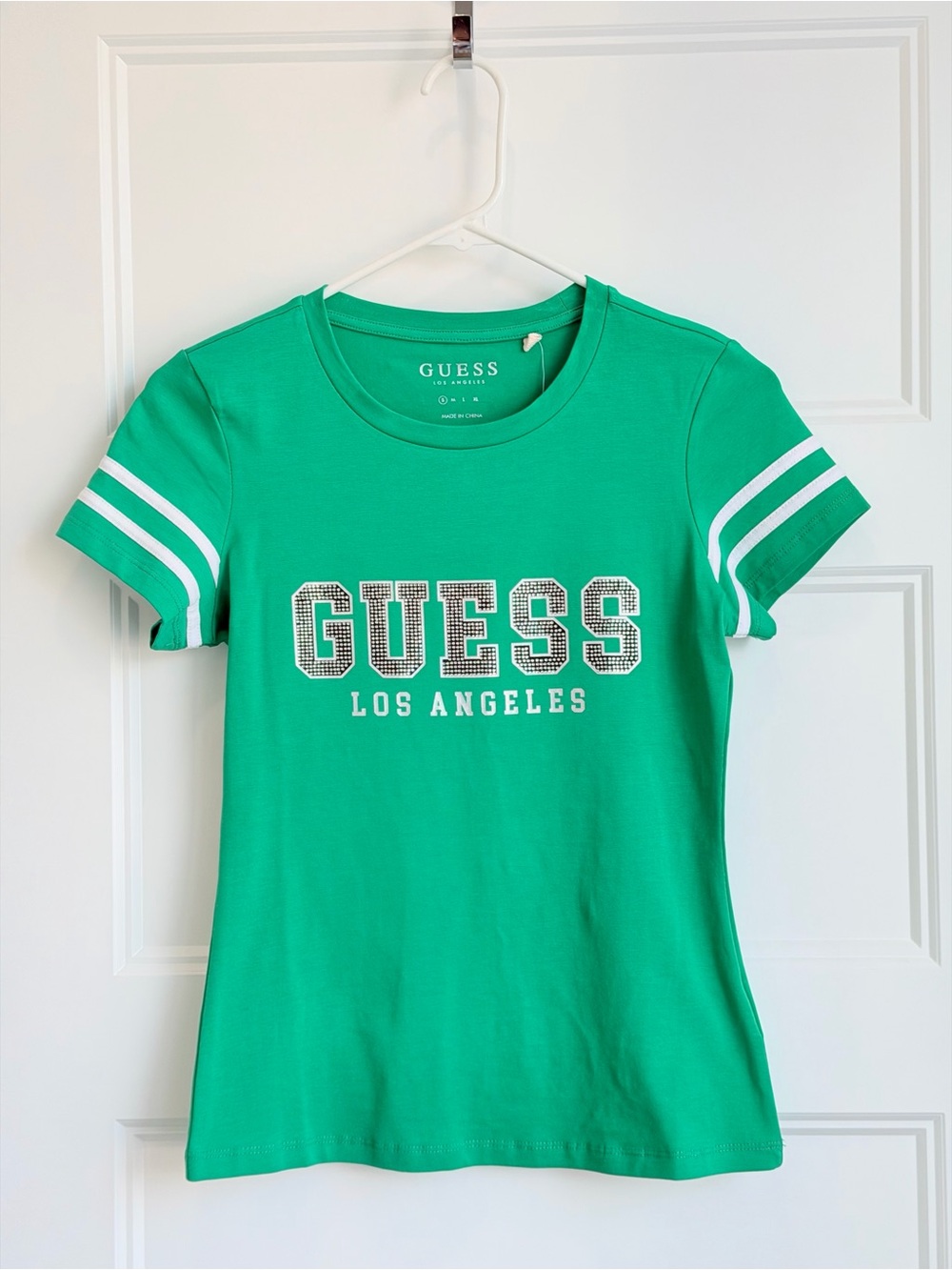 Guess Green Logo Tee with White Sleeve Stripes